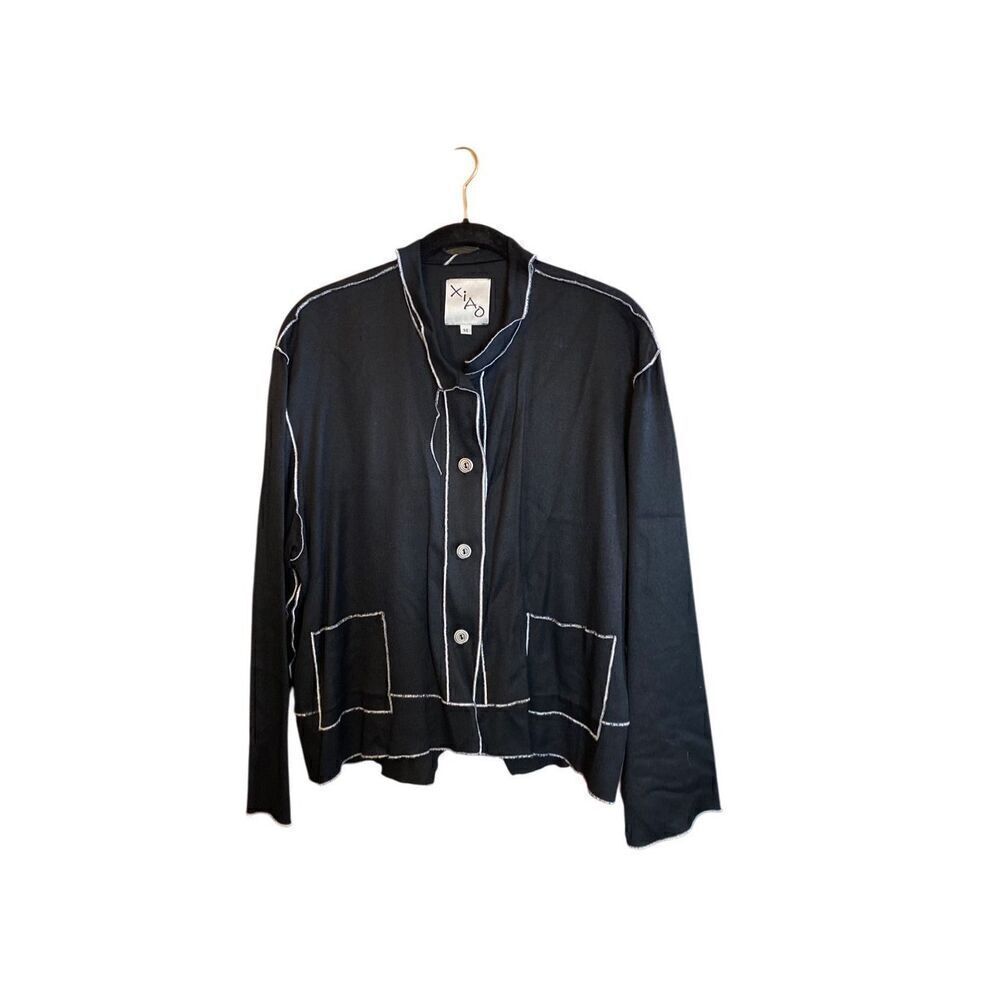 ￼ XIAO women’s long sleeve button, front blouse/jacket black with white trim siz
